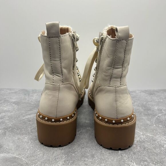 Steve Madden Cream Leather Rainier Platform Boot Size 8.5 M Pearl Accent Lace Up - Picture 5 of 12